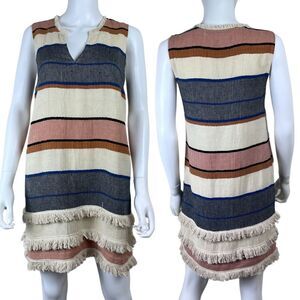 Holding Horses Women Size 6 Cotton Stripe Fringe Shift Mini Dress Sleeveless